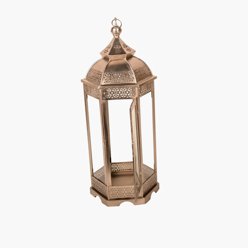 Home Carving Hexagonal Candle Lantern in Nickel Finish